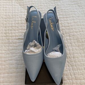 Lulu's Sky Blue Satin Pointed Slingback Bridal kitten Heels 7.5